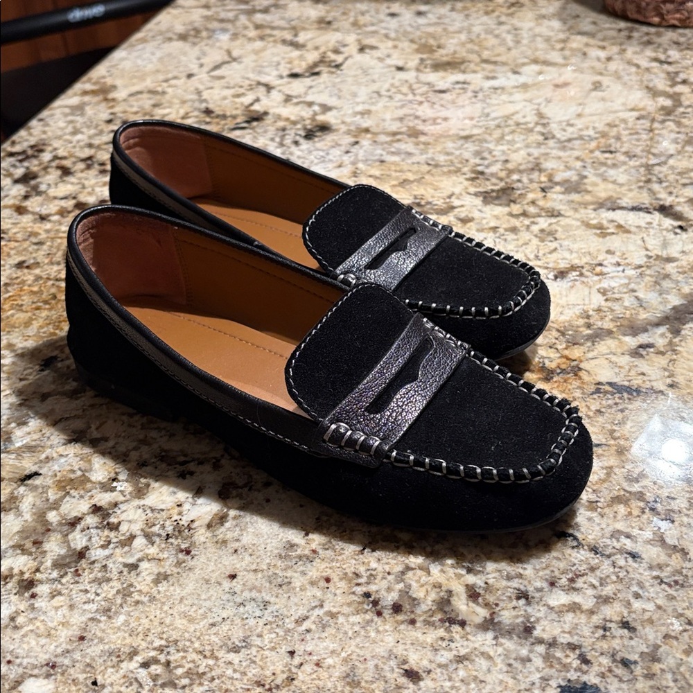 Donald J. Pliner Black Suede Penny Loafers with Metallic Accent